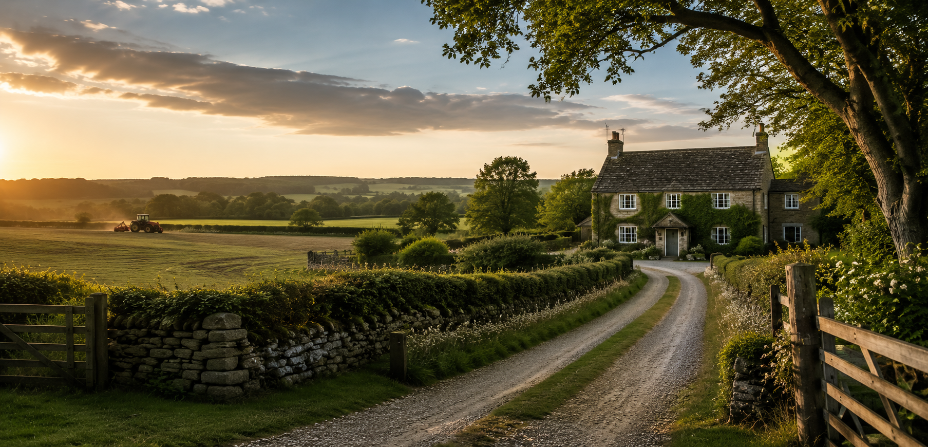 Stone farmhouse at the end of a rural track, surrounded by fields at golden hour