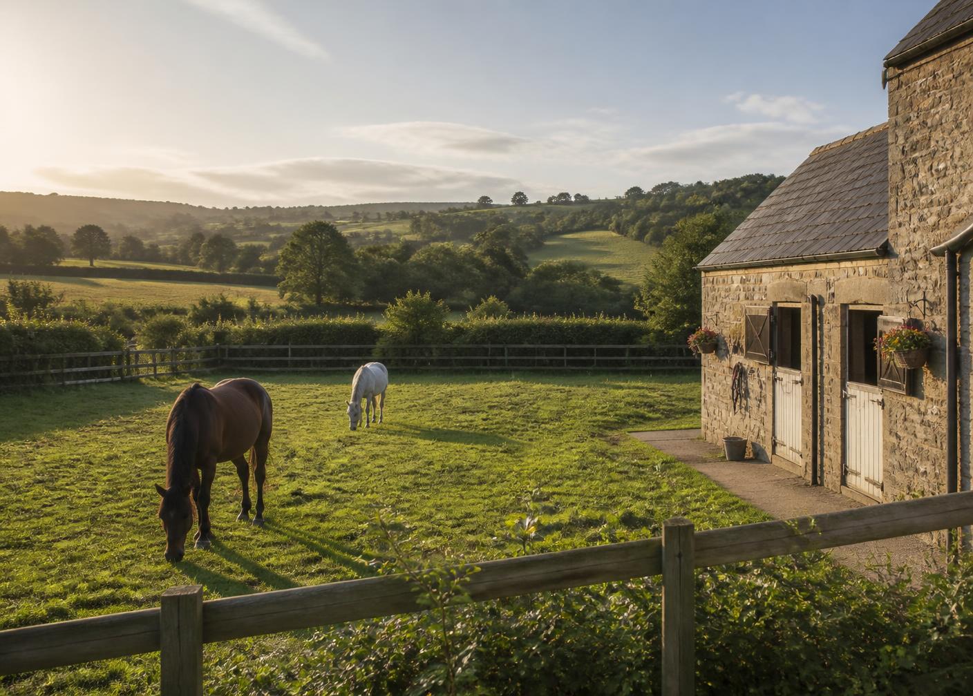 Horses grazing beside traditional stone stables in rolling countryside