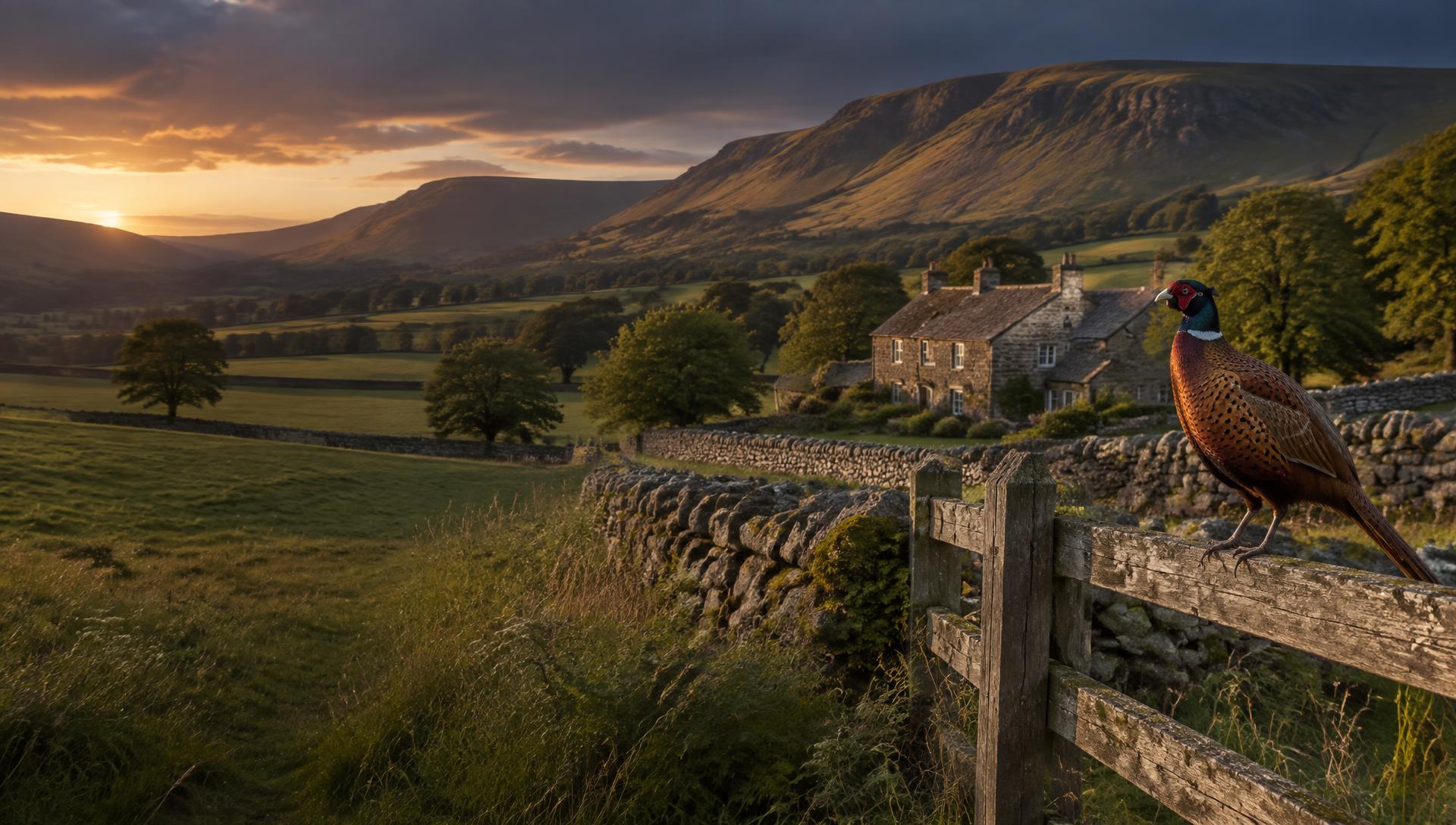 Yorkshire stone cottage at golden hour with dry-stone walls, rolling hills and a pheasant perched on a wooden fence