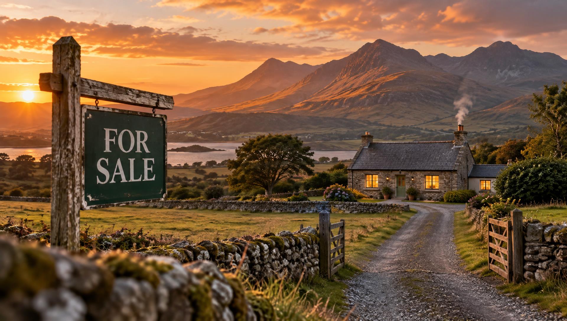A FOR SALE sign beside a track leading to a stone cottage beneath mountains at sunset