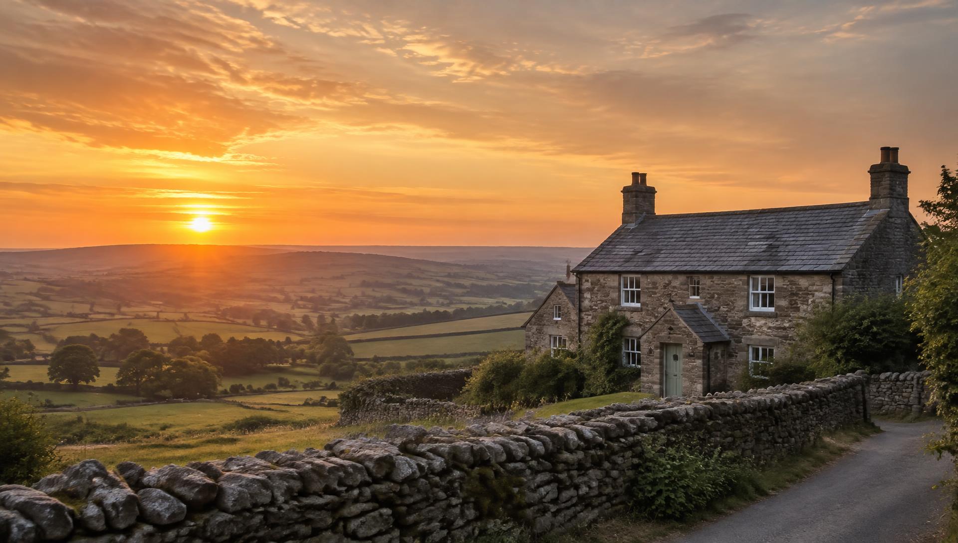 A traditional stone cottage overlooking rolling fields at sunset