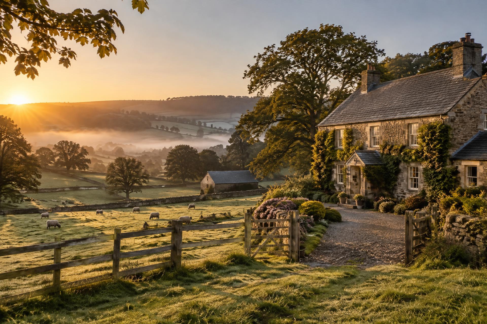 A stone farmhouse set among rolling green countryside at sunrise