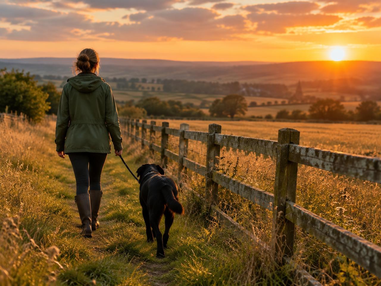 Woman walking a black labrador along a fence line through fields at sunset