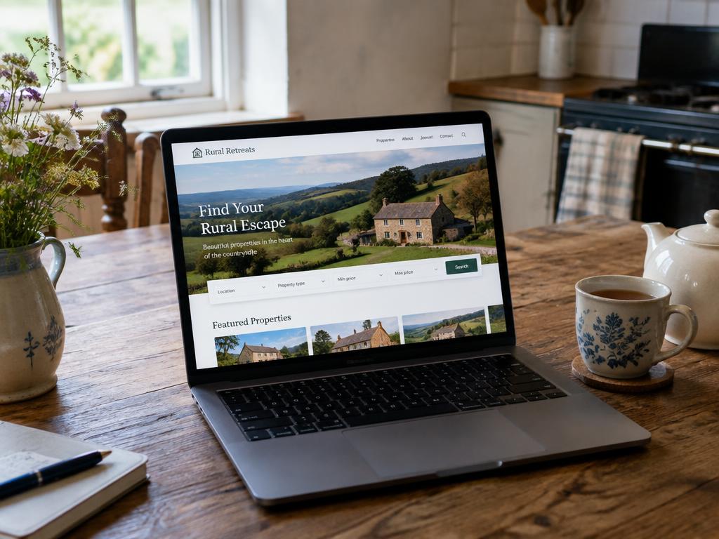 Laptop on a farmhouse kitchen table showing a rural property listing