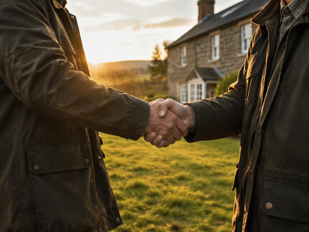 Buyer and seller shaking hands outside a farmhouse at sunset