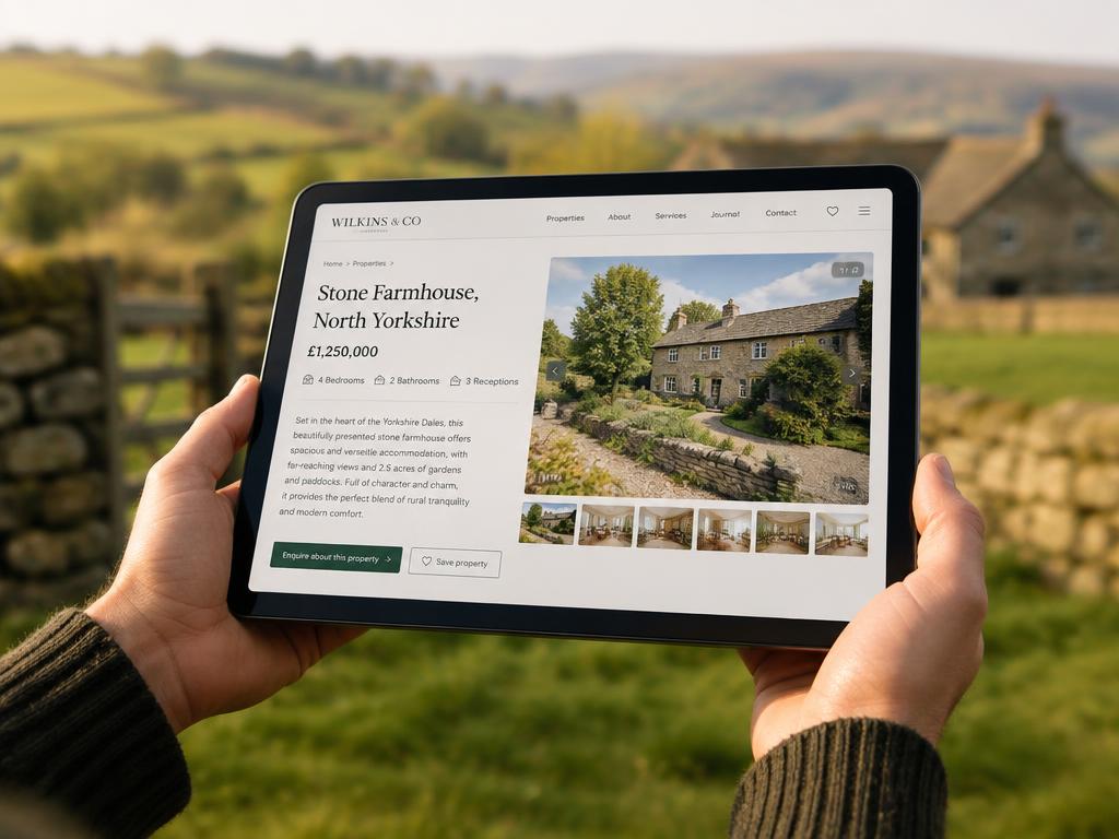 Tablet showing a published stone farmhouse listing in the countryside